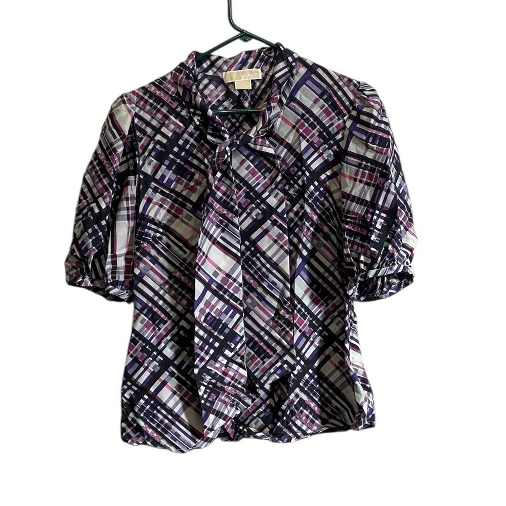 Michael Kors Blouse Med 100% Silk Short Puff Sleeve Tie Neck Purple Career